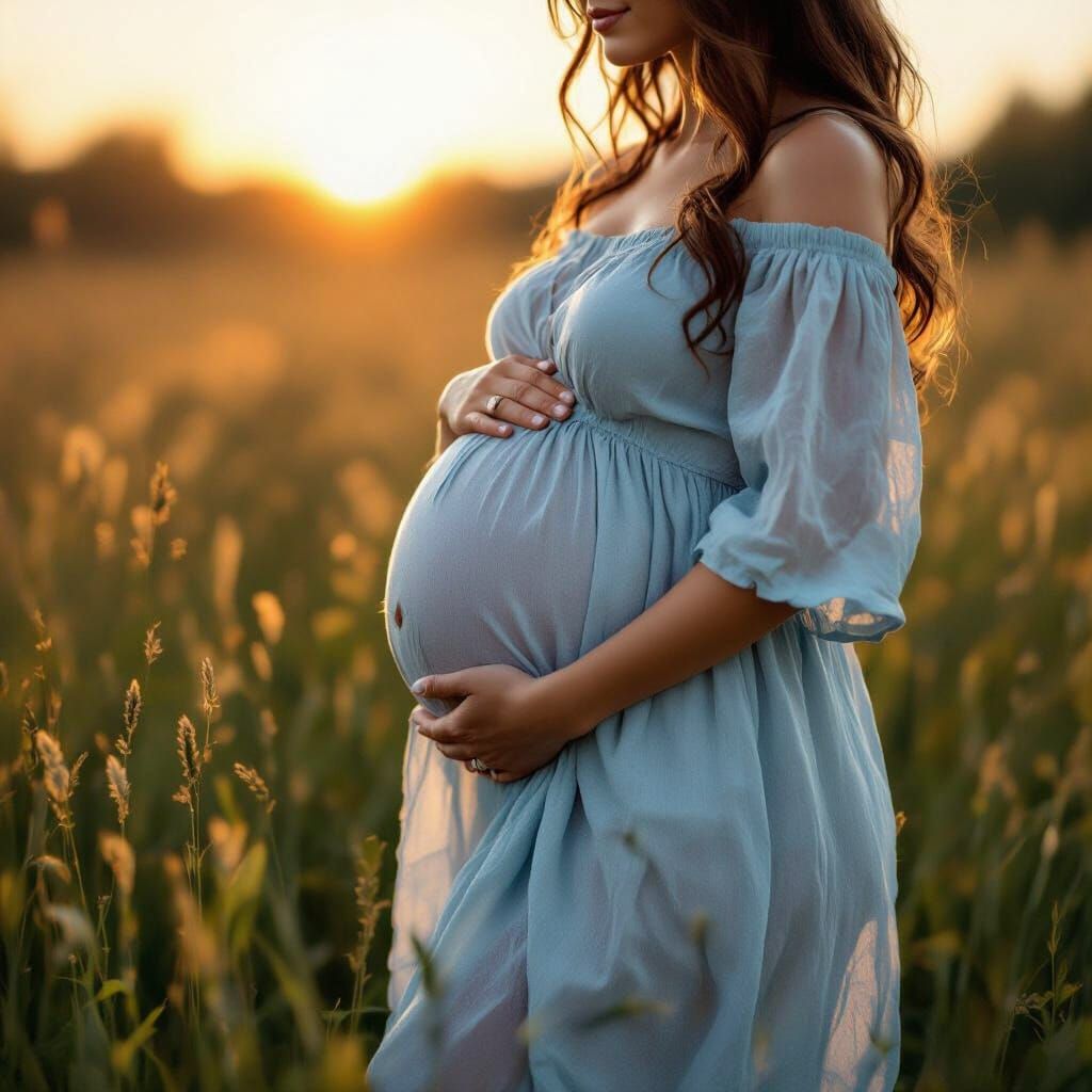 Pregnant Woman in Meadow During Golden Hour