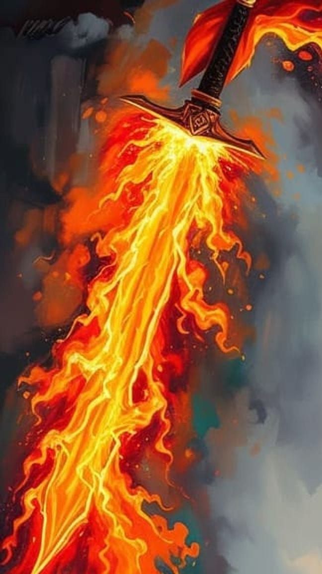 A blazing sword of elemental fire, its blade surrounded by flames and crackling with molten energy, the blade is glowing...