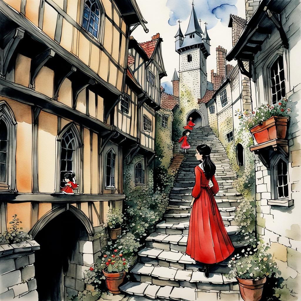 Medieval Maiden in Detailed Watercolor Storybook Illustratio...