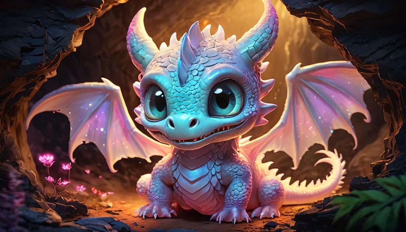 Cute Fluorescent Dragon in Neon Lit Cave