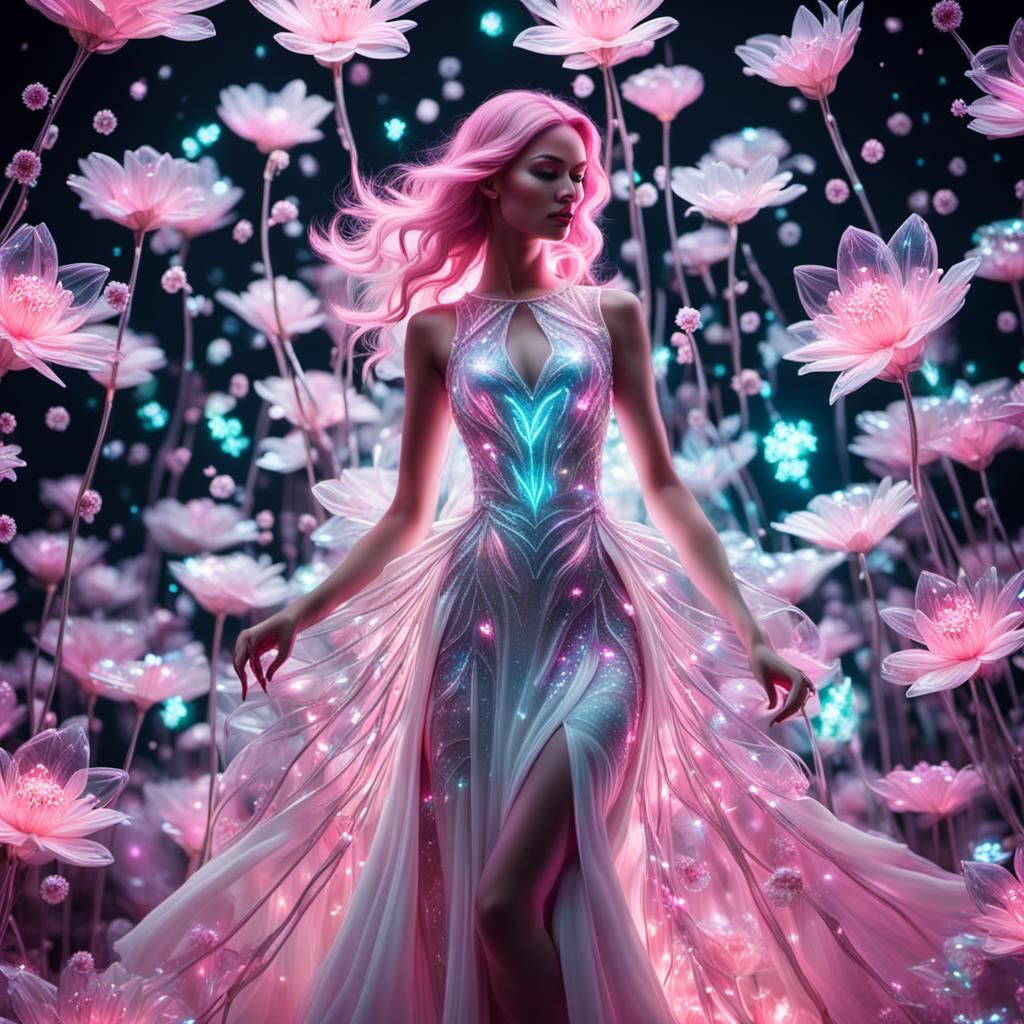 Neon Flower Girl Transformation in Futuristic Space