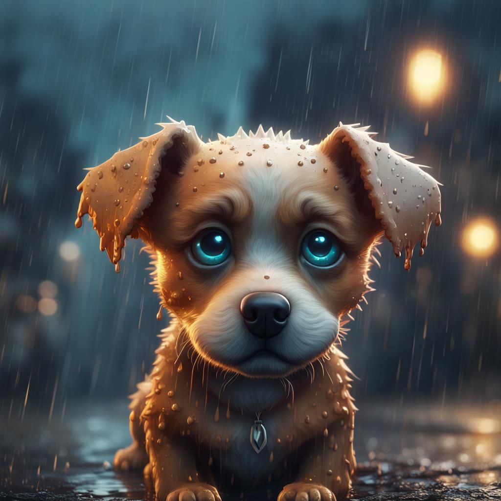 Sad Puppy in Rainy Fantasy Landscape