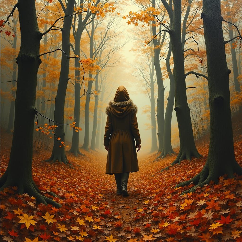 Autumnal Figure in Forest Landscape, Oil Painting