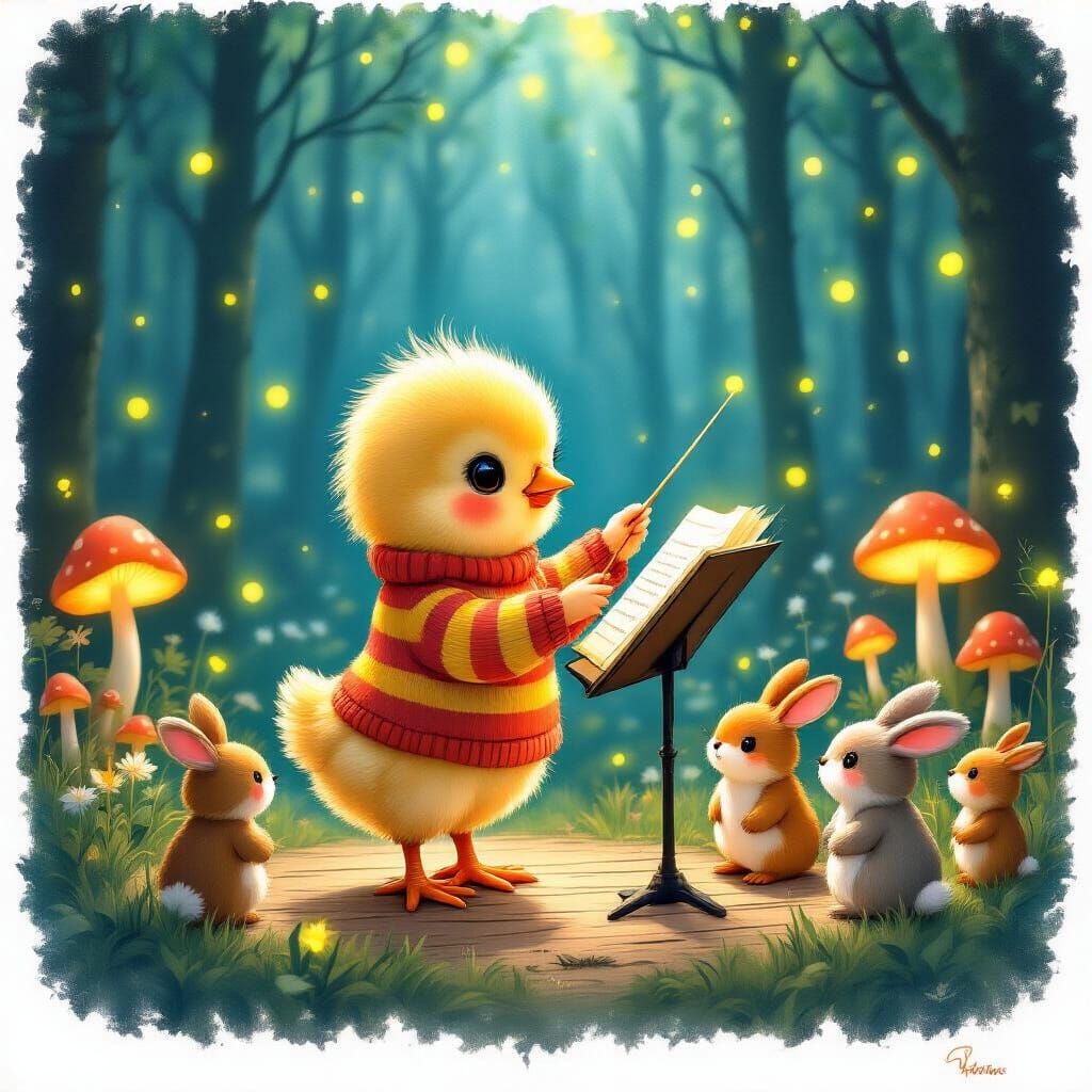 Whimsical Chick Conducts Forest Orchestra, Fantasy Art