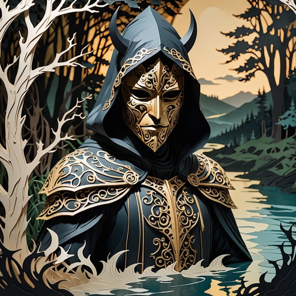 Masked Demon Knight in Papercut Art Style