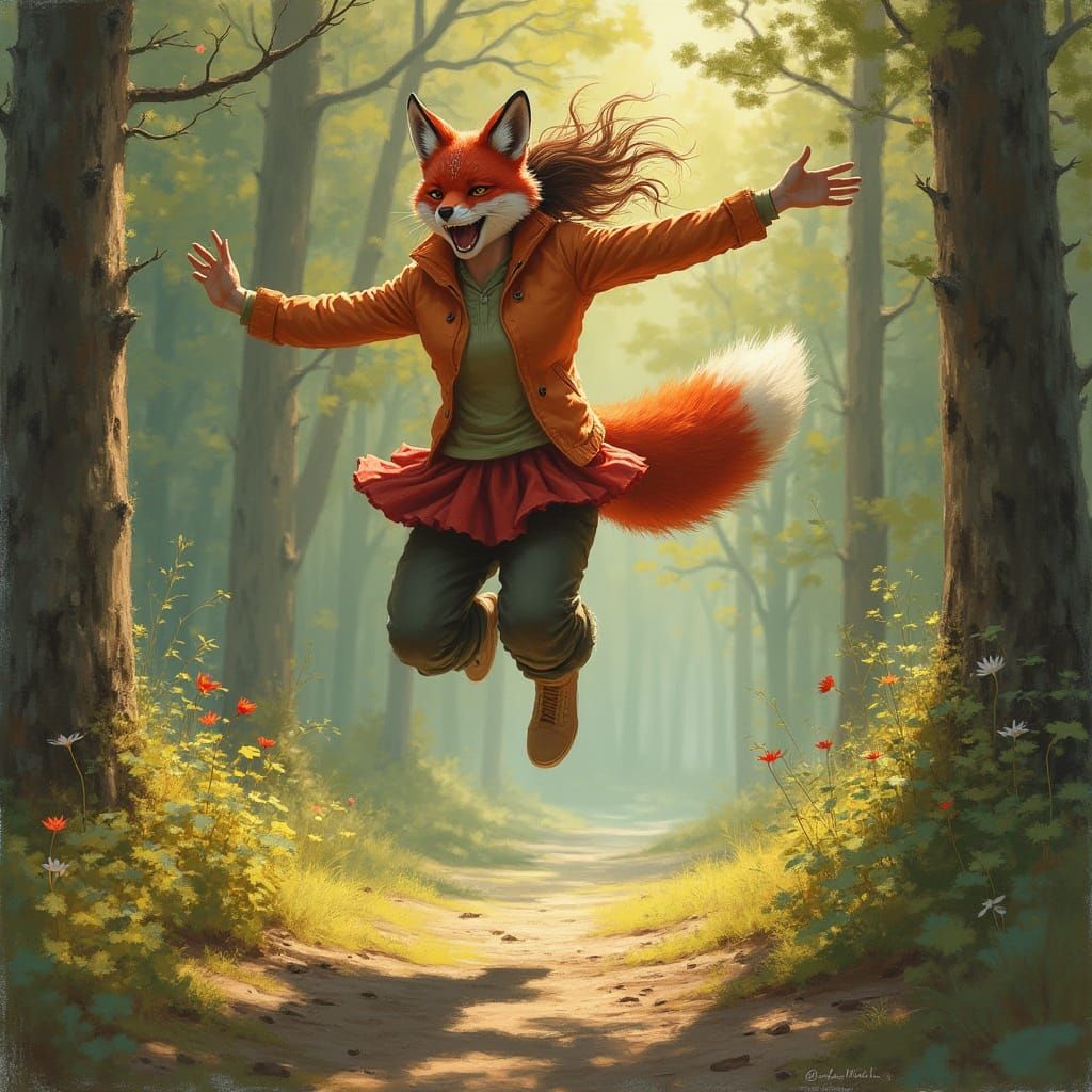 Fox Masked Therian Leaping in Sunlit Forest Oil Painting