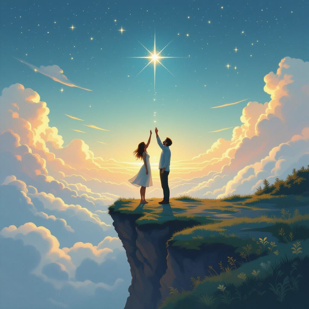 a couple reachin' up for north star above