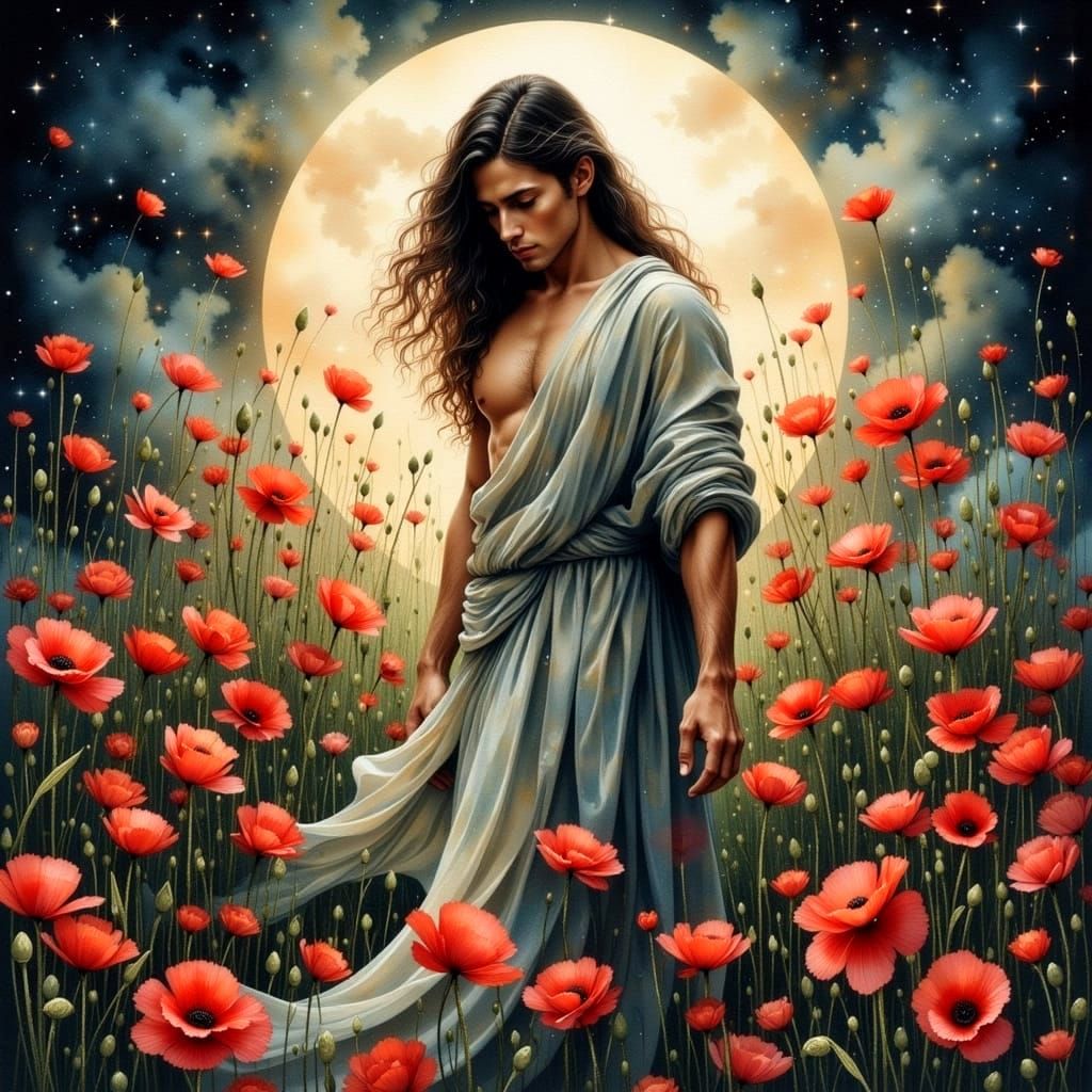 Gothic Hypnos, a Dark Fantasy Greek God in Watercolor