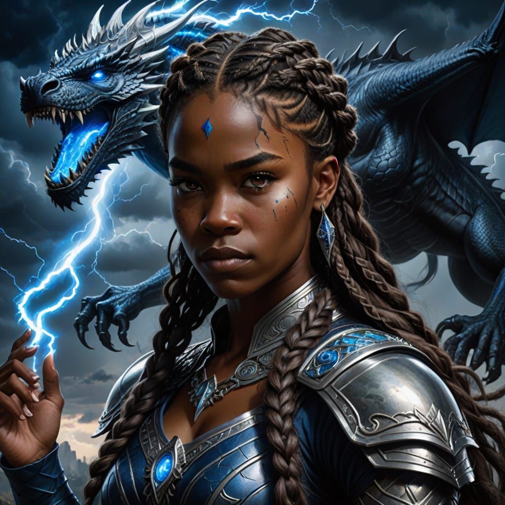 African American Warrior with Dragon and Lightning