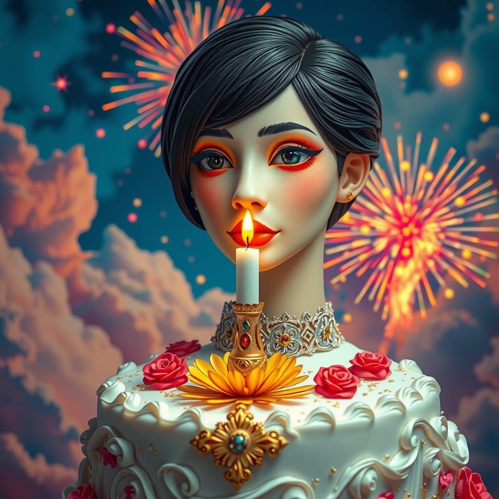 Surreal Cake Goddess in Swirling Clouds and Fireworks