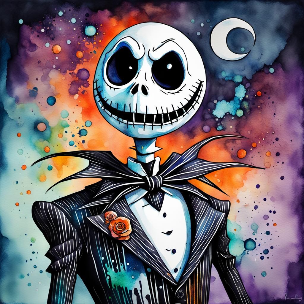 Jack Skellington in Watercolor and Alcohol Ink Style