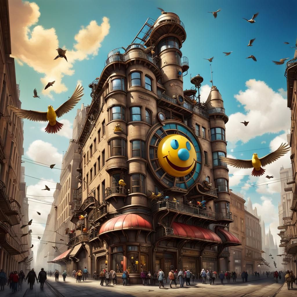 Colorful Steampunk Street Scene with Flying Birds
