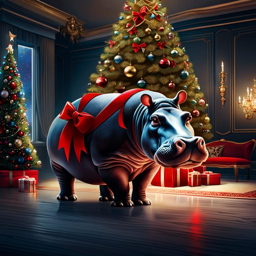 Festive Hippopotamus with Red Bow at Christmas