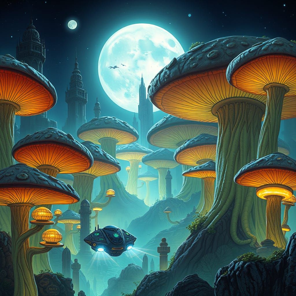Mushroom Cityscape in Storybook Illustration Style