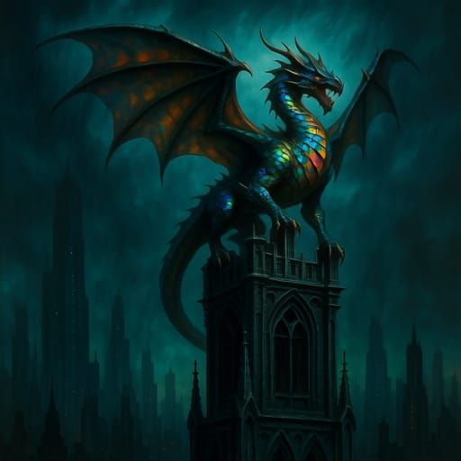 Ferocious Dragon on Gothic Tower Spire Acrylic Art