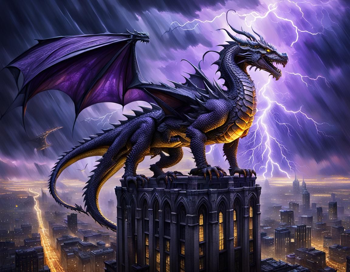 Epic Dragon Rises Among Urban Skies in Dark Fantasy