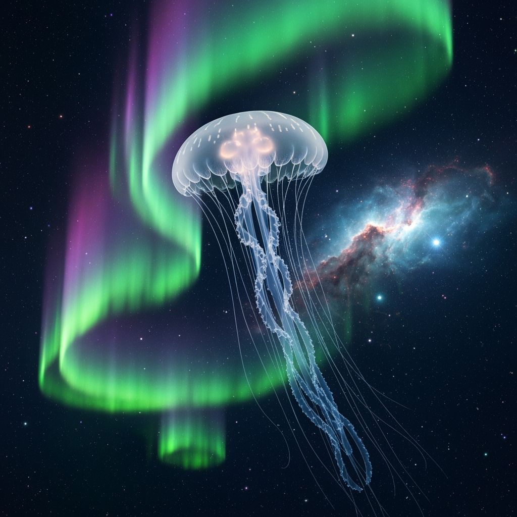 Bioluminescent Jellyfish in Cosmic Nebula