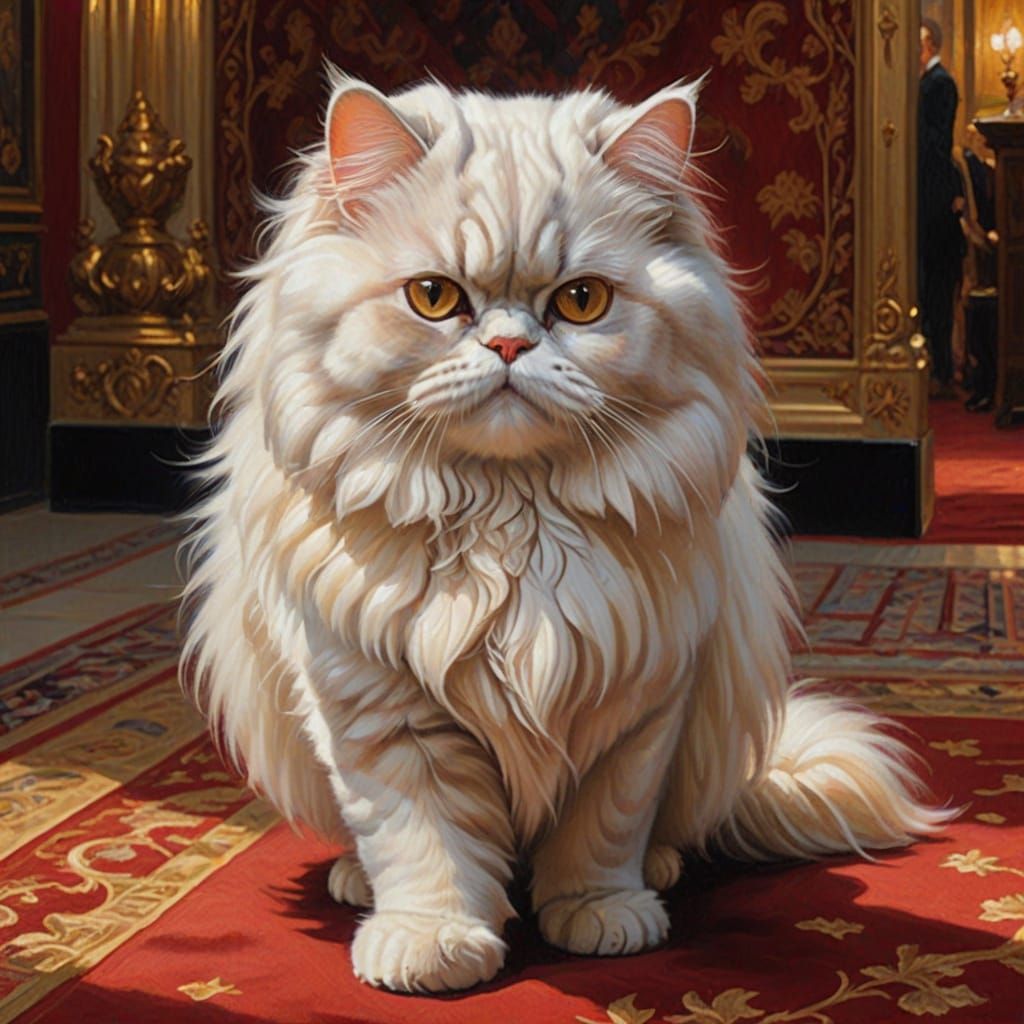 Elegant White-haired Persian Cat Struts Down Luxurious Red C...