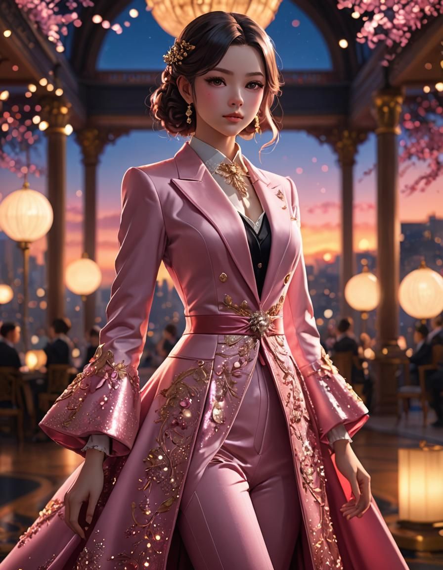Velvet Pink Ballroom Suit with Sunset Bokeh