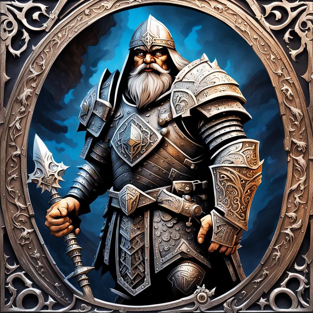 Dwarven Warrior with Warhammer in Dark Fantasy Style