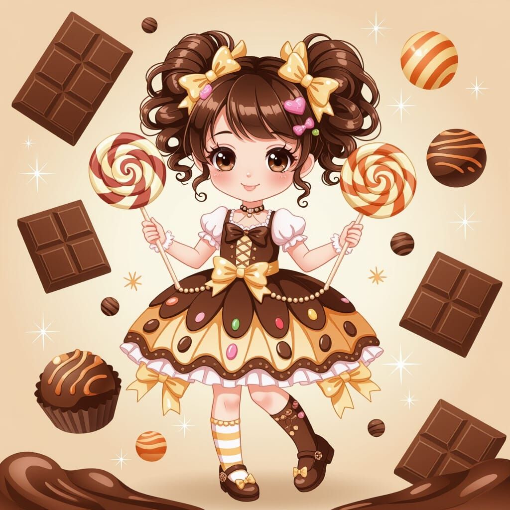 Kawaii Choco Girl Anime Illustration With Candy Accents