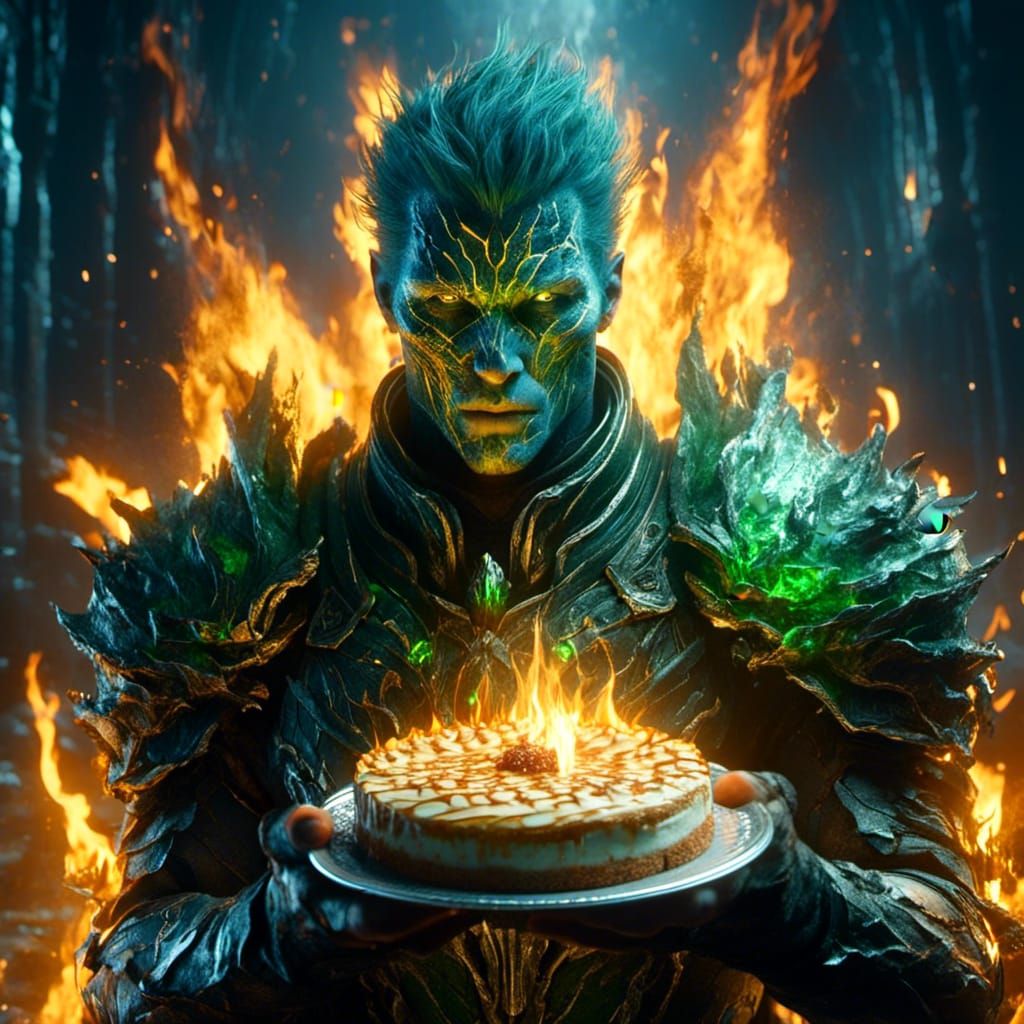 Green Flame Armor Man with Cheesecake: Concept Art