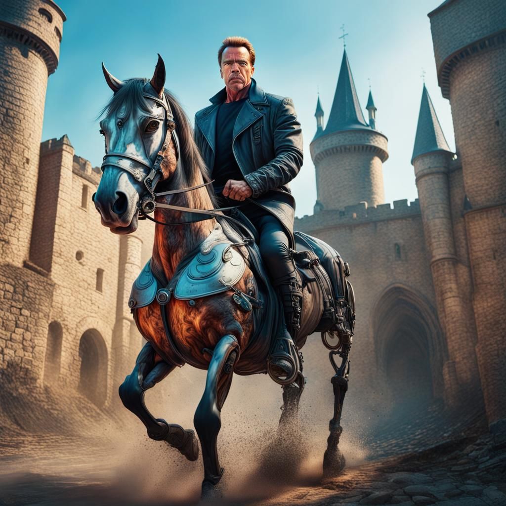 Terminator (Arnold Schwarzenegger) ride mechanic horse in medieval castle