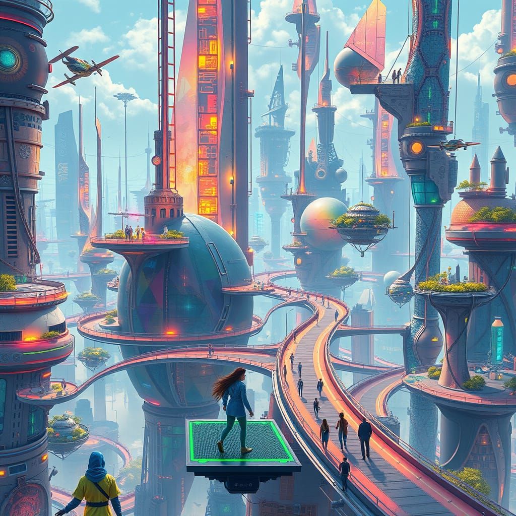 Futuristic Cityscape with Flying Platforms and Holograms