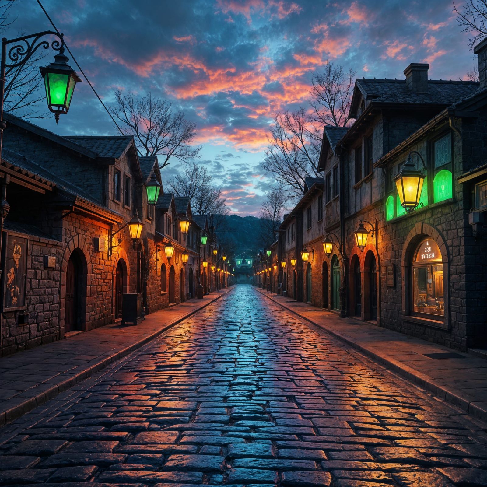 A triangle of many street lights at night all shining with d...