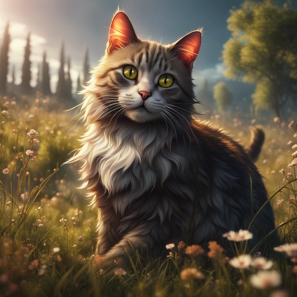 Cat Grooming in Meadow: Detailed Fantasy Concept Art