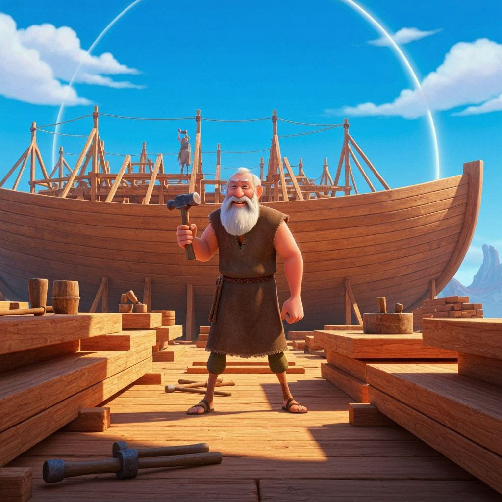 Noah Building the Ark in Pixar Style