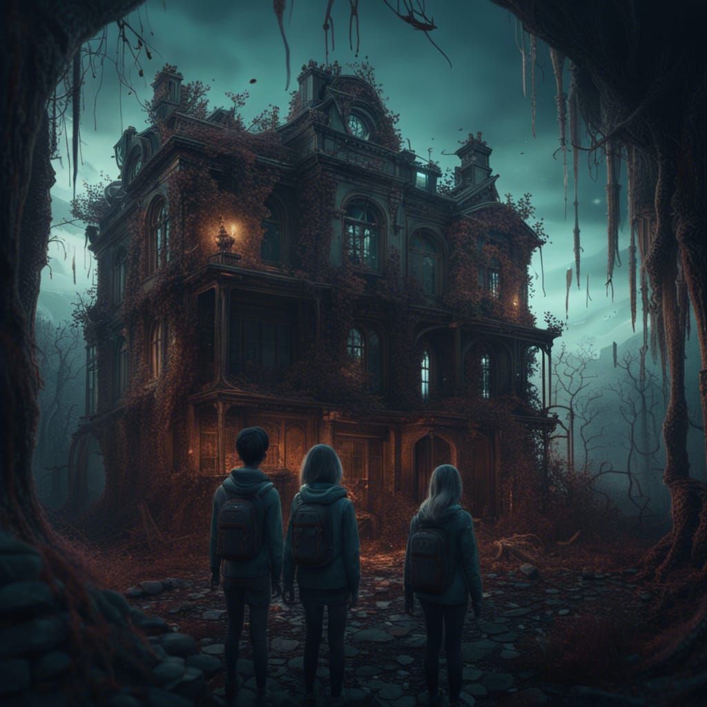 Creepy Asylum Watched by Three Figures: Matte Painting