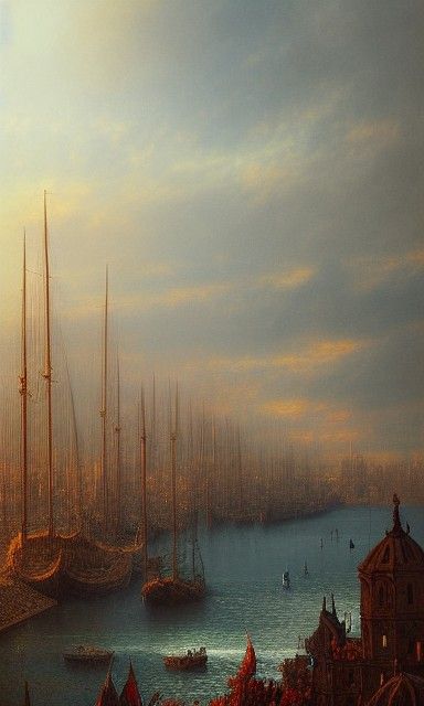 Vibrant Autumn Port Scene in Photorealistic Style