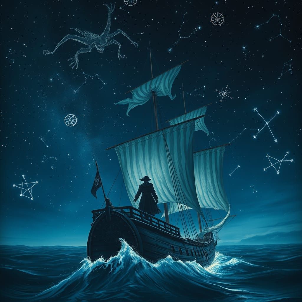Ghostly Pirate Ship Sailing a Sea of Stars