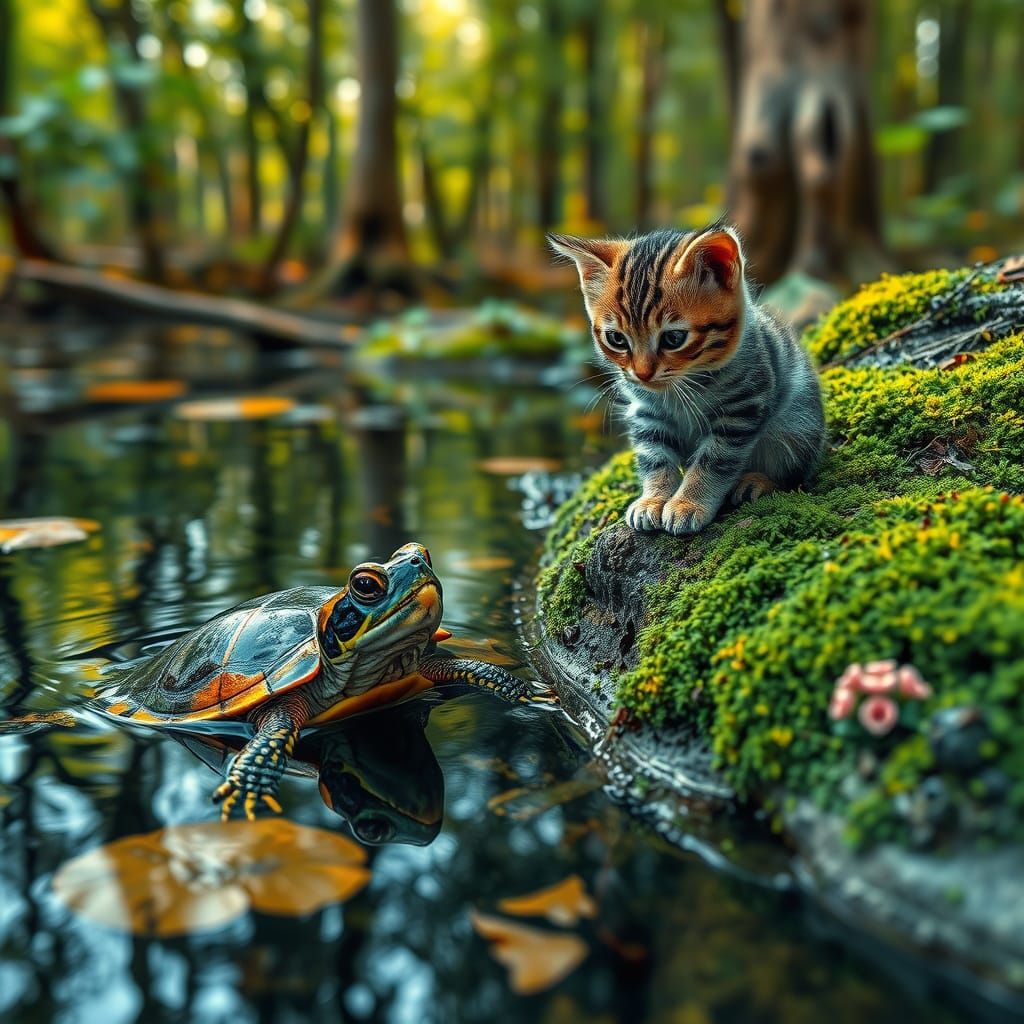 Colorful Turtle and Kitten in Pond, Watercolor Style