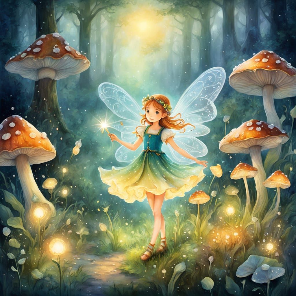 Whimsical Fairy Tending Glowing Mushrooms in Sun-Dappled Gla...