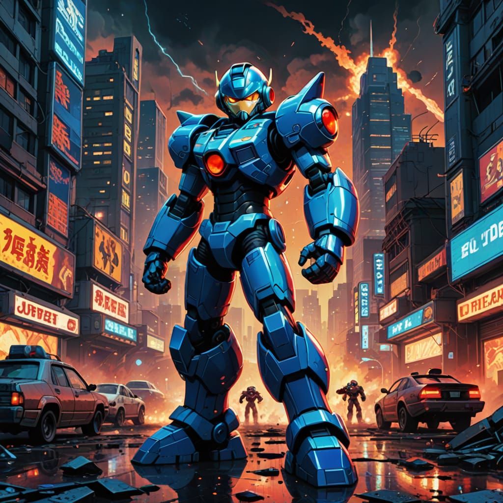Mega Man in a Ruined Cyberpunk City