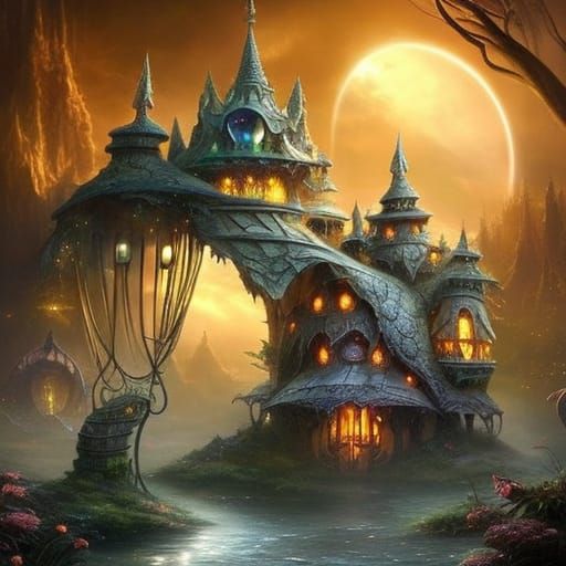 Magical City in Clouds with Fairytale Houses