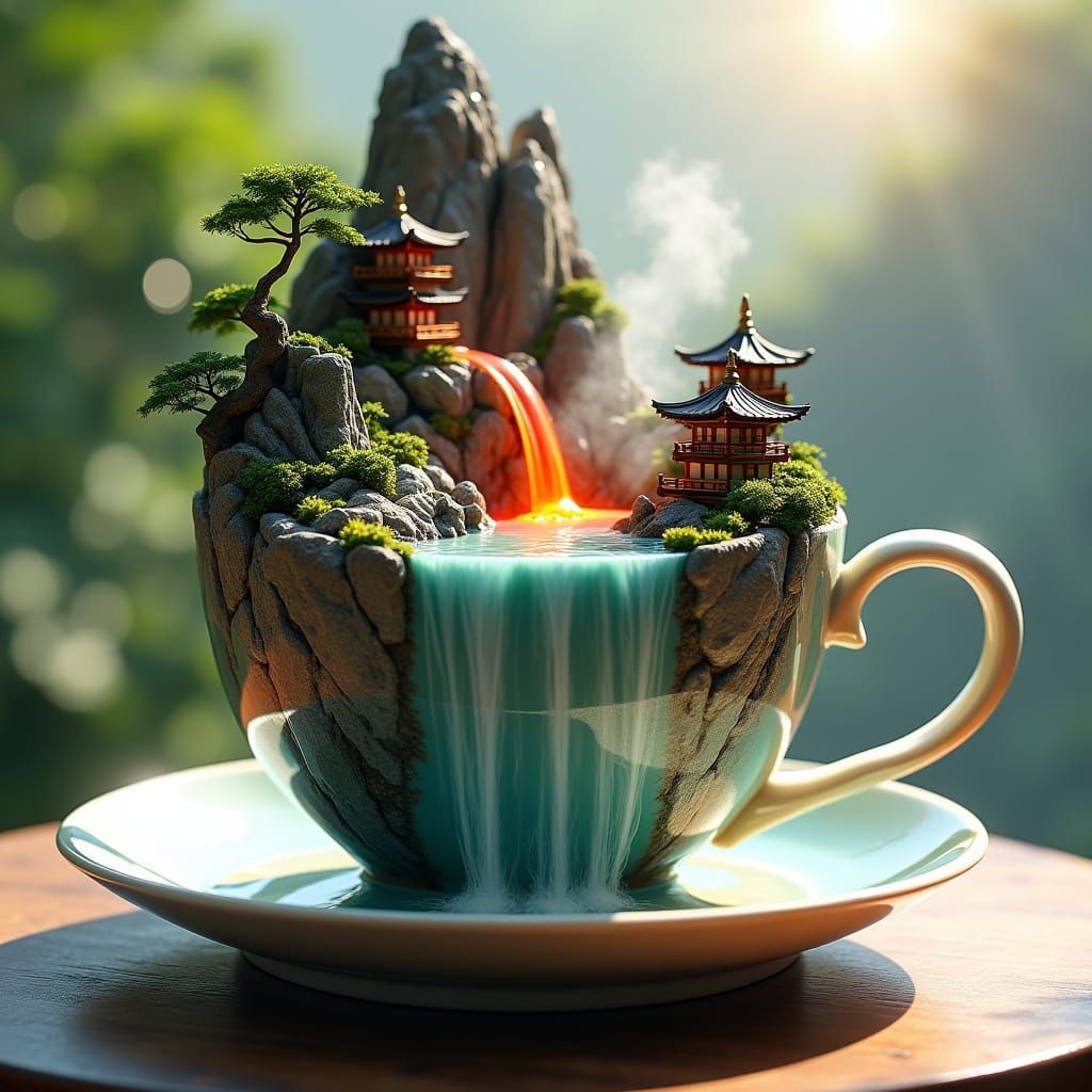 Whimsical Porcelain Teacup Landscape in Dreamy Zen Ambiance
