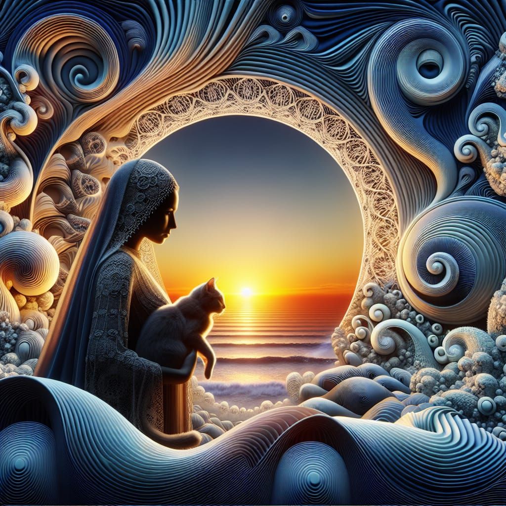Woman and Cat at Sunset: Fantasy Art