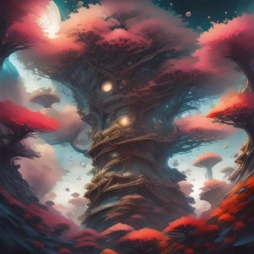 Mystical Tree with Luminous Windows