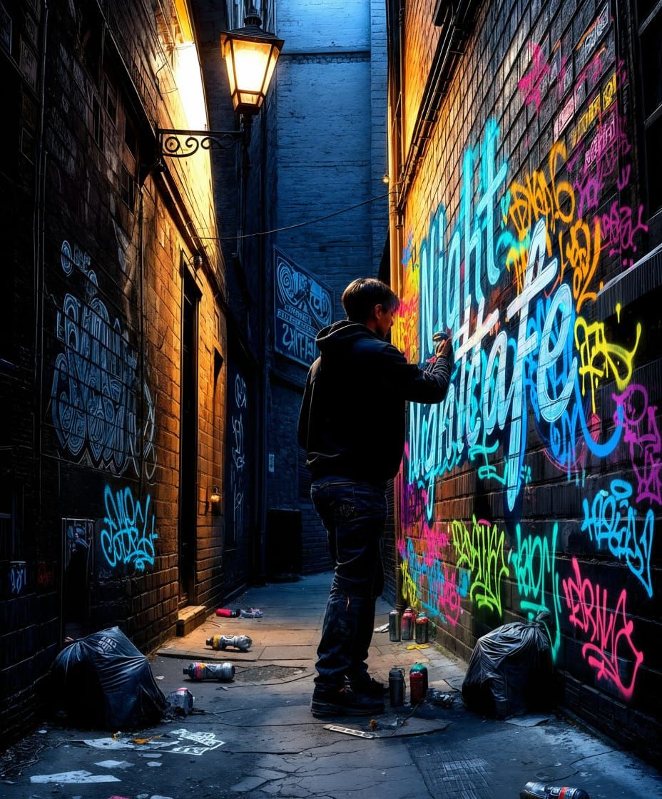 Graffiti Artist Creates Neon Mural in Dim Alleyway