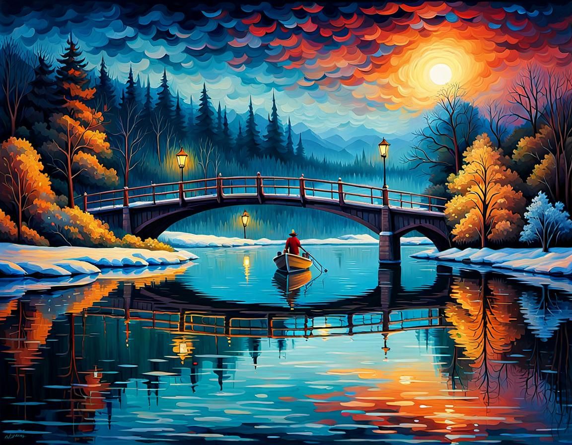 Icy Riverscape Reflection: Digital Impressionist Painting