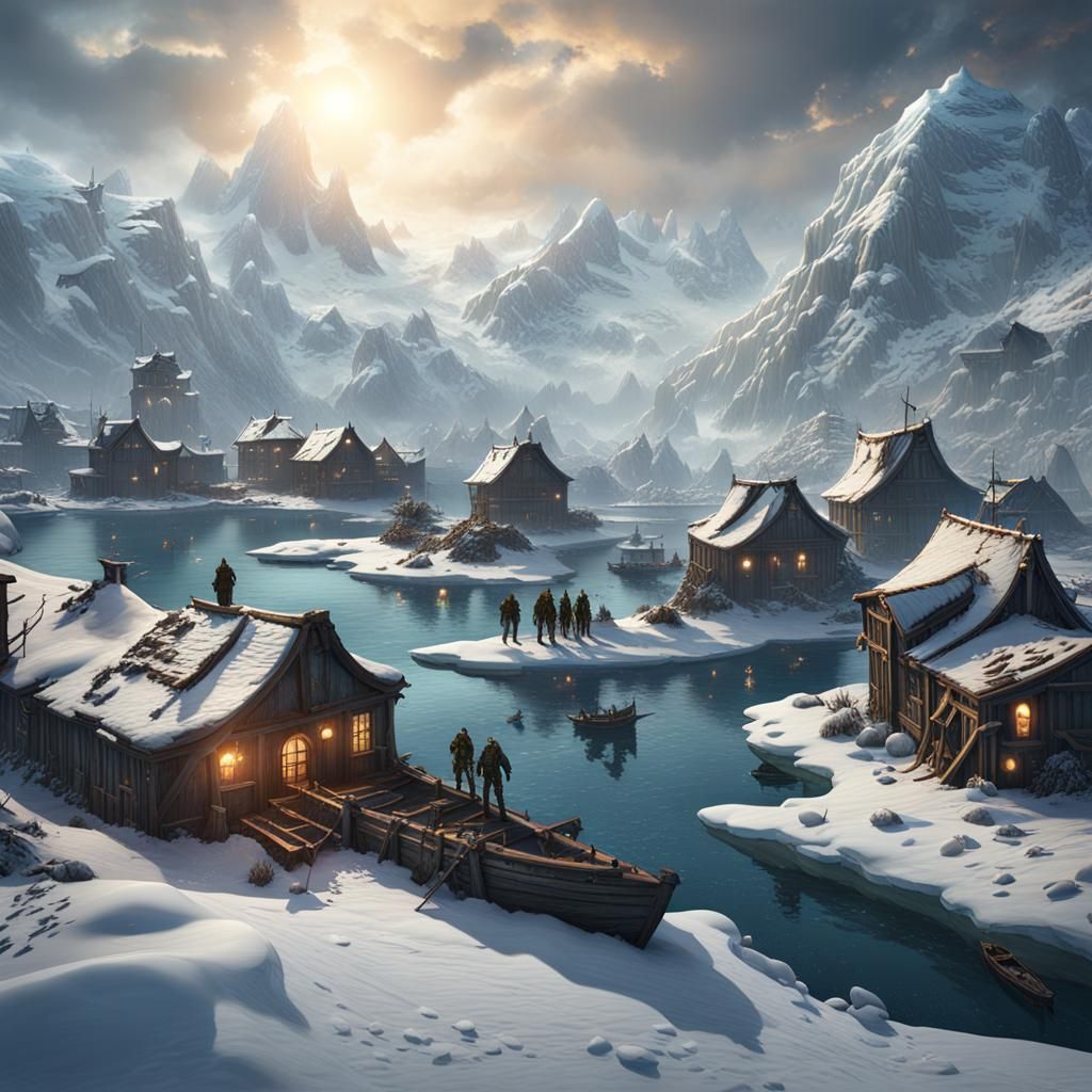 Teams Battle on Sinking Snowy Island, Fantasy Art