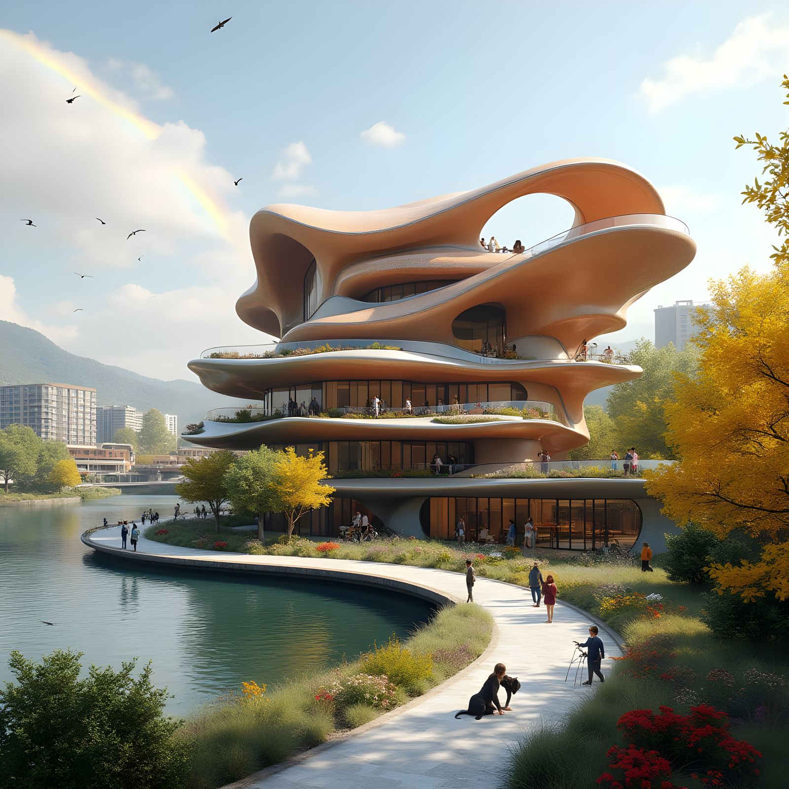 Semi-Curved, Flower-Shaped Building in Futuristic Organic St...