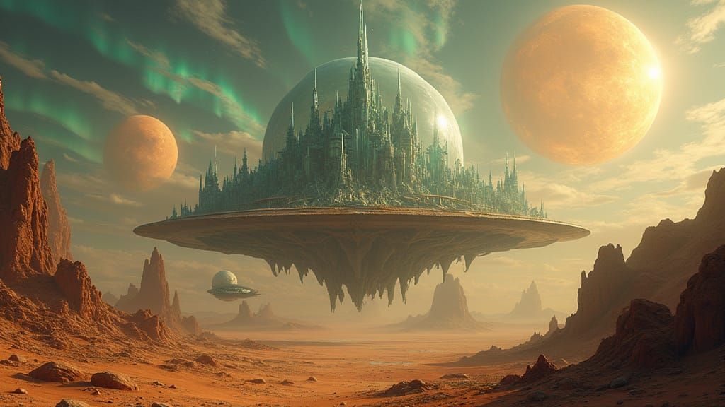 Alien Floating City with Bioluminescent Forests