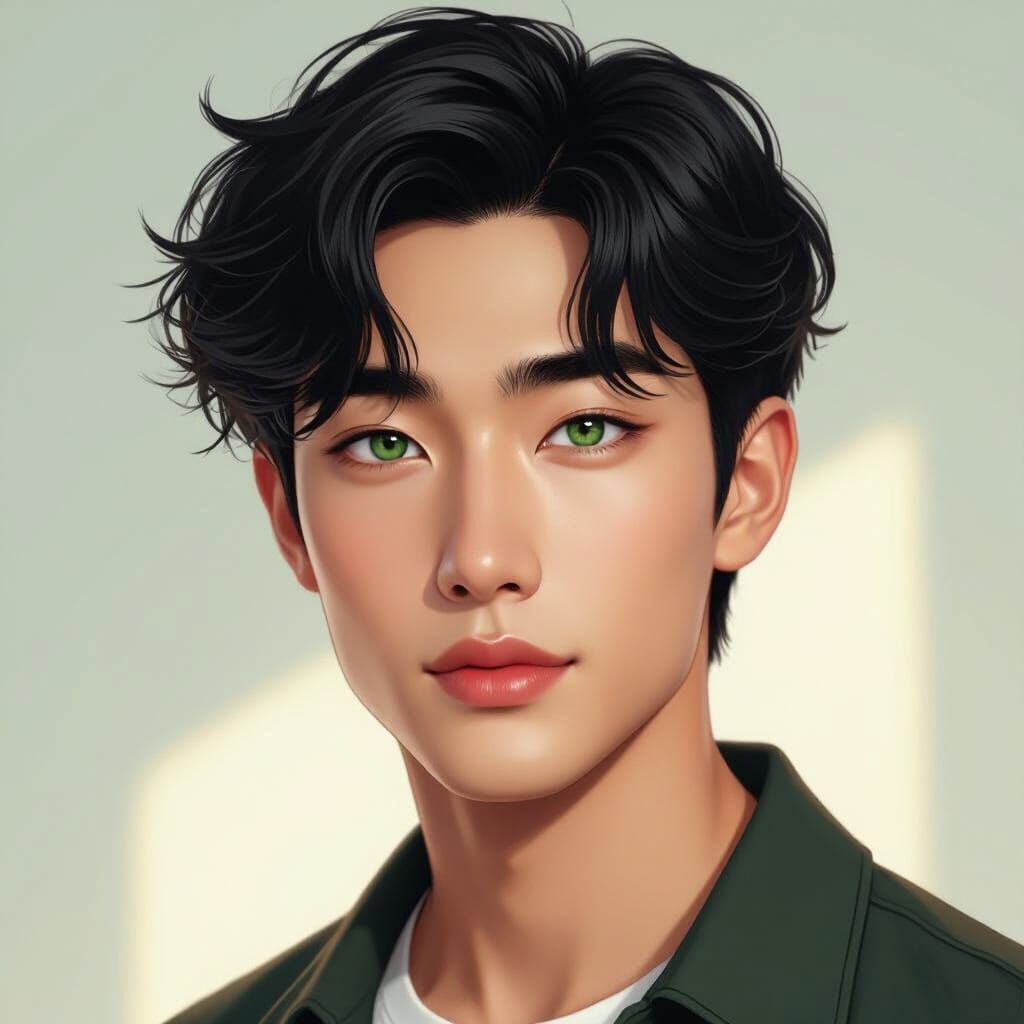 Handsome Korean Teen Portrait with Green Eyes