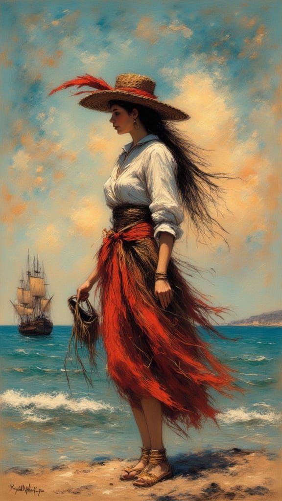 Woman Pirate on Beach as Tapestry Embroidery