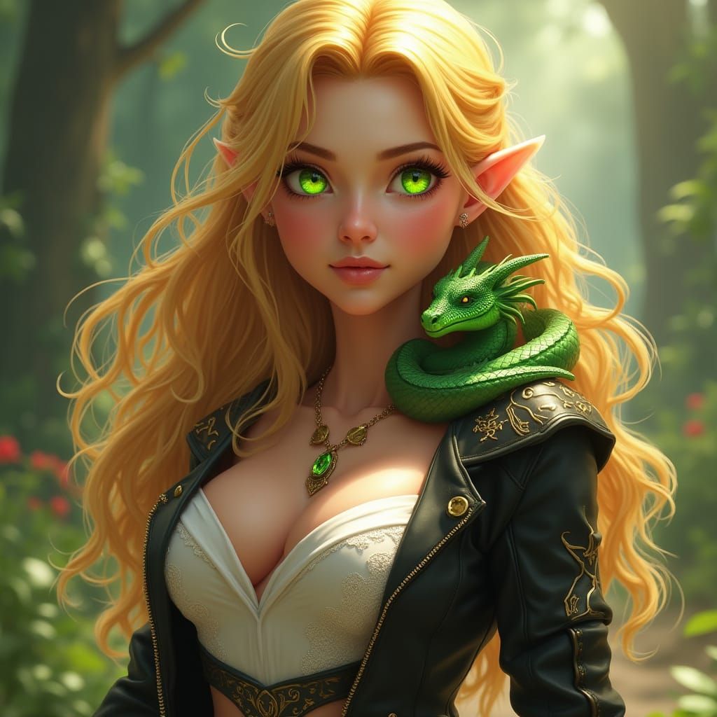 Golden Elf Maiden in Sunset-Hued Tresses and Black Leather J...