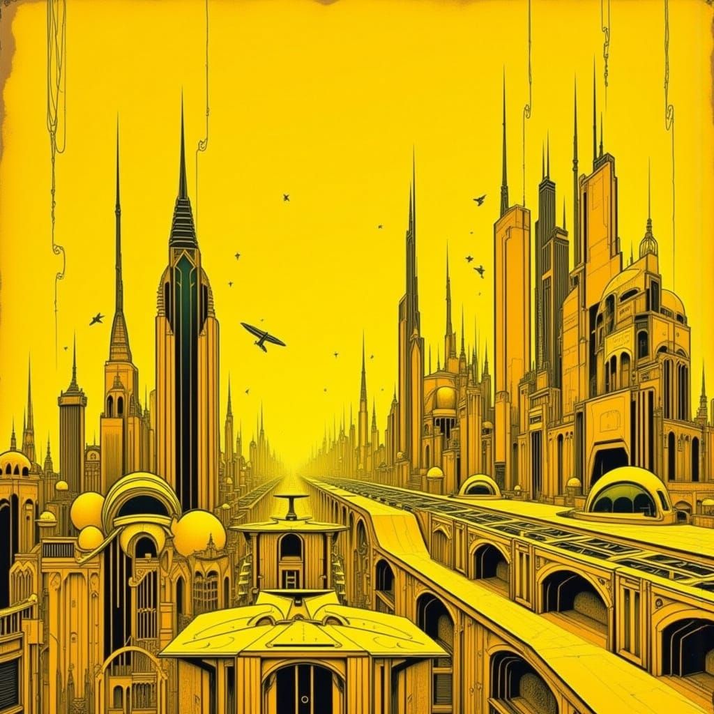 Art Deco Yellow Metropolis: A Surreal Digital Rendering
